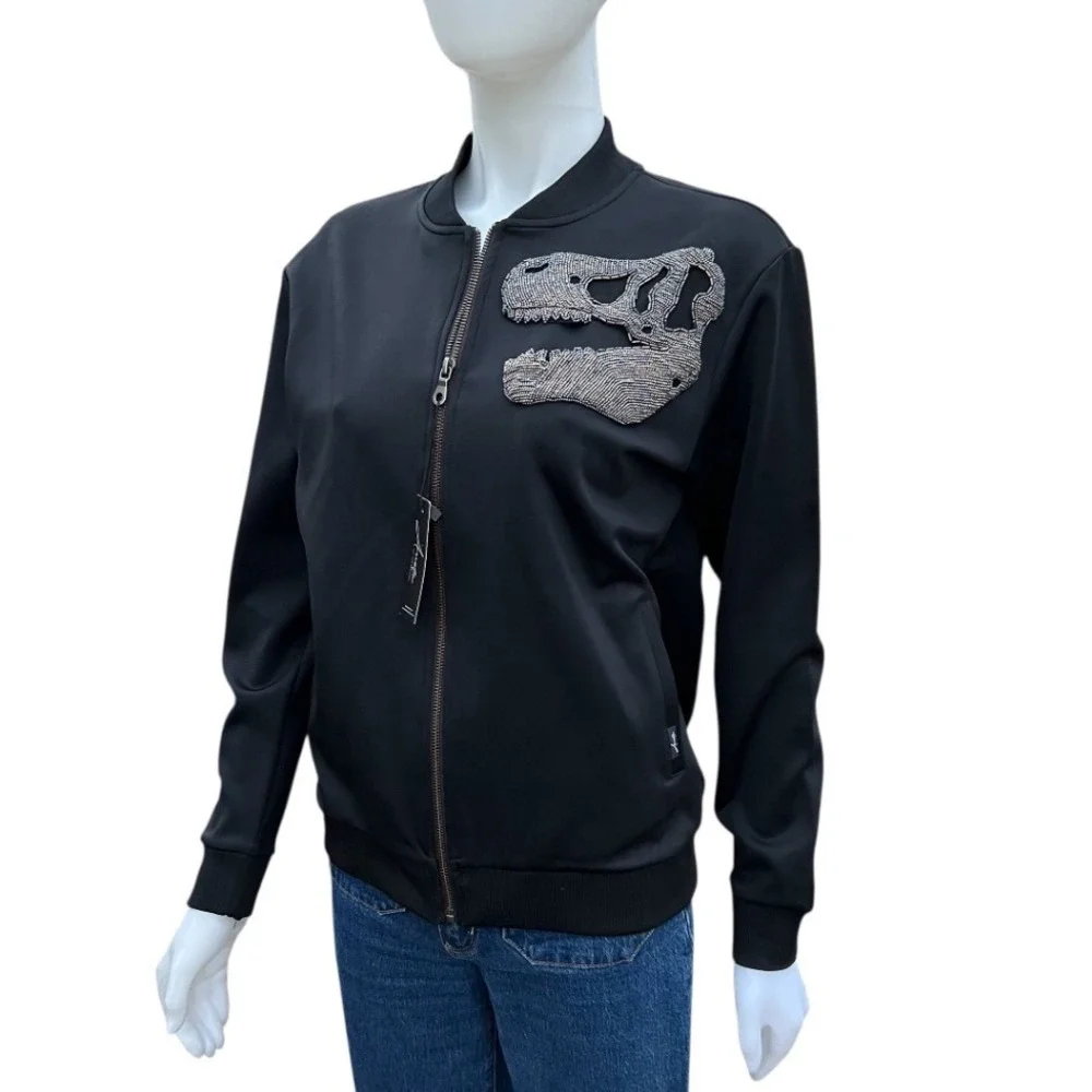 New Arieta Bomber Women Black Beaded Dinosaur Skull Athleisure Sz M Grunge NWT - Picture 7 of 17